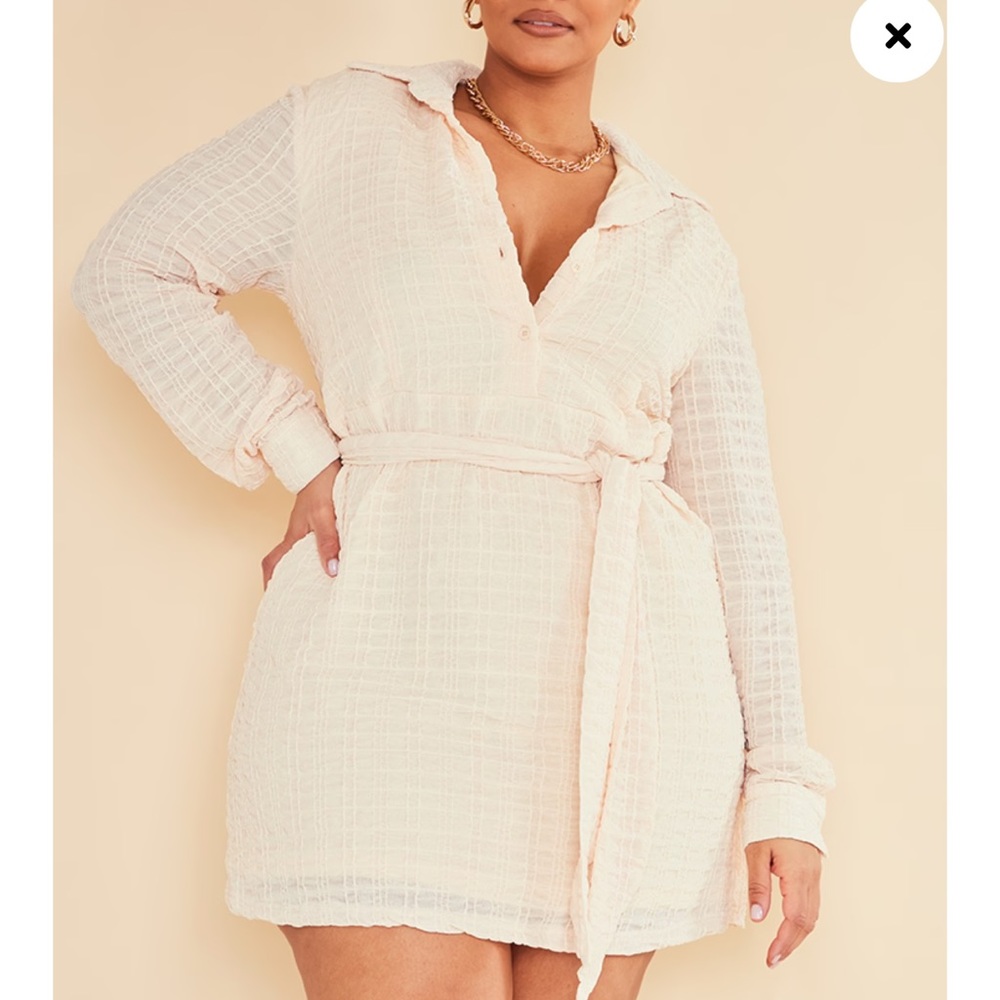 PLT Plus Cream Textured Tie Waist Shirt Dress